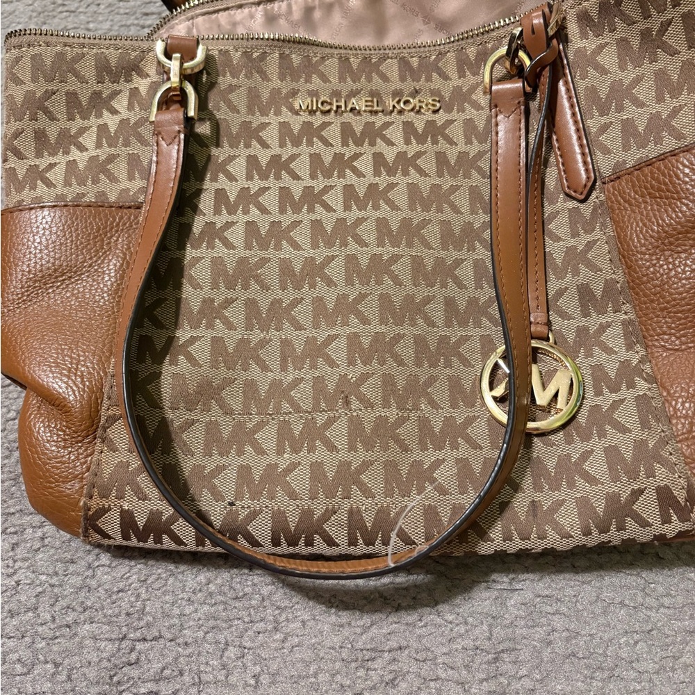 Michael Kors Tan and Brown Monogram Shoulder Bag